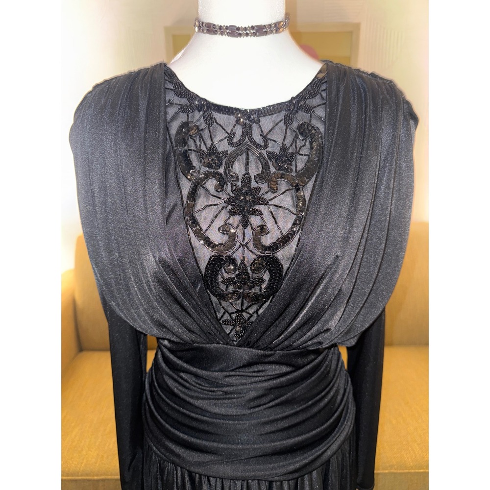 Abby Kent Vintage 80s Black Beaded Sequin Mesh Dress Midi Long Sleeve Goth glam - Picture 4 of 6